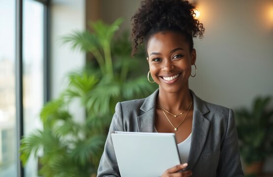 Attractive smiling black woman holds tablet in corporate office. Business lady in grey suit looks at camera. Positive, friendly face, success in business. Receptionist, secretary, assistant. Modern