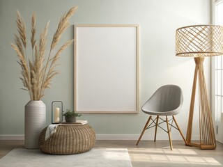 A serene interior scene featuring a minimalist design with a vase of pampas grass, a decorative lamp, and a comfortable chair.