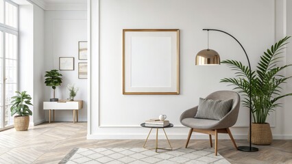 A modern, minimalist living room featuring a stylish chair, decorative plants, and a large empty frame on a light-colored wall.