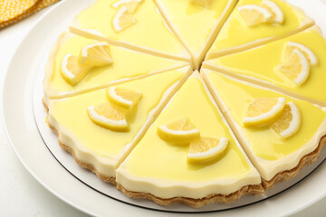 Delicious lemon cheesecake on white table, closeup