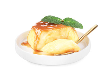 Delicious pudding with caramel sauce and mint isolated on white