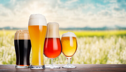An assortment of beer glasses filled with different types of beer