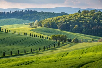Fototapeta premium Rolling Green Hills and Trees Under a Cloudy Sky Generative AI