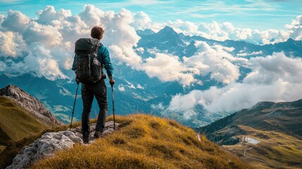Fototapeta premium A lone hiker standing at a mountain summit, gazing at breathtaking clouds below.