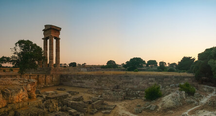Acropolis of Rhodes ruins in evening