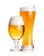A glass of beer with a golden hue and frothy head, isolated on a clean white background