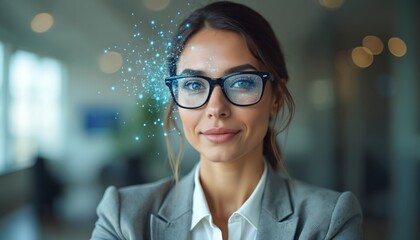 Confident businesswoman in modern office setting. Smiling woman wears glasses, looks directly at camera. Concept of tech, innovation, career, job, success. Artificial intelligence brain concept near
