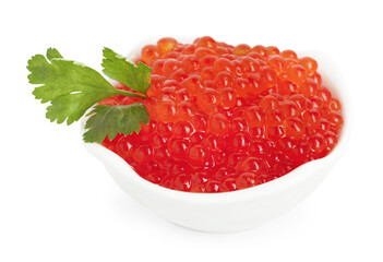 Delicious red caviar with parsley in bowl isolated on white