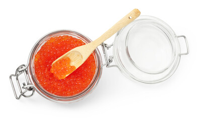 Delicious red caviar with spoon in jar isolated on white, top view