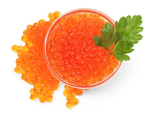 Delicious red caviar with parsley in bowl isolated on white, top view