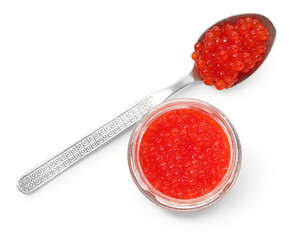 Delicious red caviar in bowl and spoon isolated on white, top view