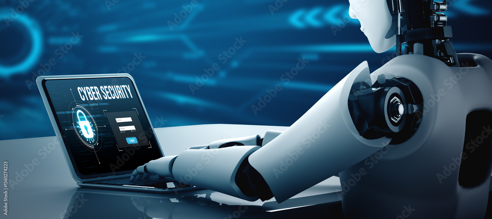 Poster cyber security system on computer screen protect private information snugly from hacker and cyber at