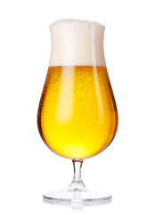 A glass of beer with a golden hue and frothy head, isolated on a clean white background