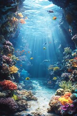 Underwater Coral Reef Cave with Sunlight and Tropical Fish Swimming © singgih