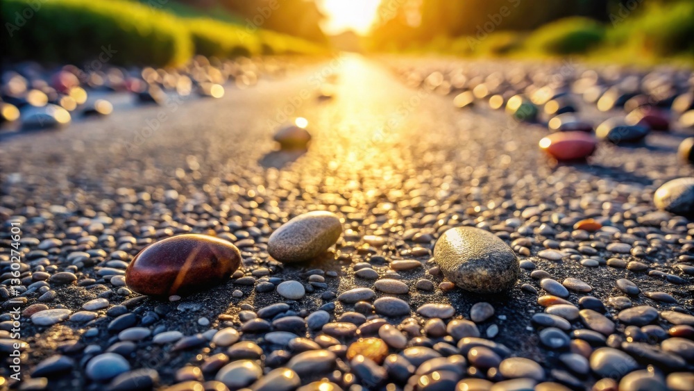 Poster golden hour serenity smooth stones arranged on a path bathed in warm sunlight, creating a tranquil a