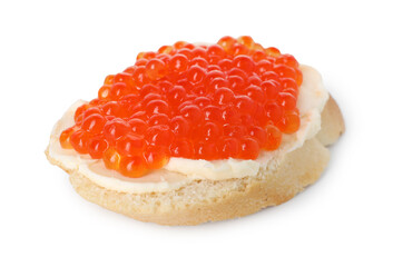 Tasty sandwich with red caviar isolated on white