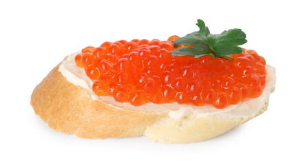 Tasty sandwich with red caviar isolated on white
