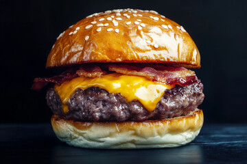 a mouthwatering close-up of an american cheeseburger, with golden buns, juicy beef patty, melted cheddar cheese, and crispy bacon, against a dark background.