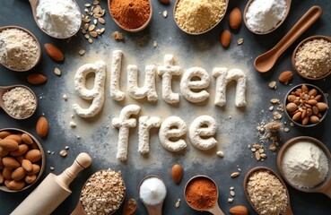 Gluten free inscription made flour. Baking sheet with spoons various gluten free flours, almond, buckwheat, rice, corn, oatmeal flours, almonds. Top view. Healthy food concept. Organic ingredients