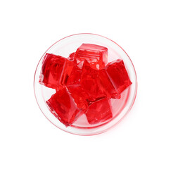 Tasty red jelly cubes isolated on white, top view
