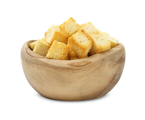Delicious crispy croutons in bowl isolated on white