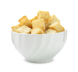 Delicious crispy croutons in bowl isolated on white