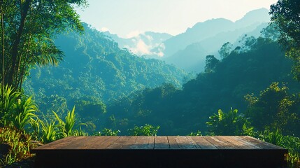Wooden platform overlooking vibrant green, misty mountains and lush jungle canopy