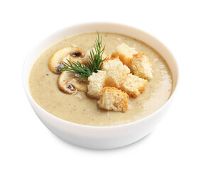 Delicious mushroom cream soup with croutons and dill on white background