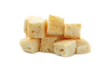 Pile of tasty crispy croutons isolated on white