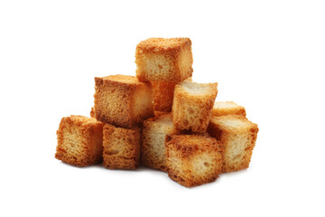 Pile of tasty crispy croutons isolated on white
