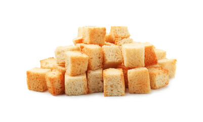 Pile of tasty crispy croutons isolated on white