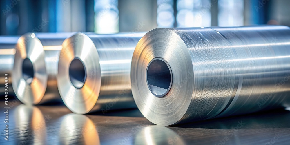 Poster close-up of shiny metallic rolls in industrial setting