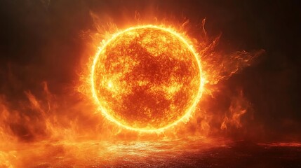 Obraz premium Fiery Sun with Intense Solar Flares, A fiery, glowing sun with intense solar flares and a dark background