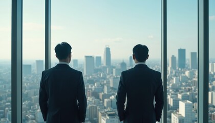 Two japanese businessmen looking out of a skyscraper window at a city skyline. Rear view of business people contemplating urban landscape, planning future. Corporate teamwork, strategy.