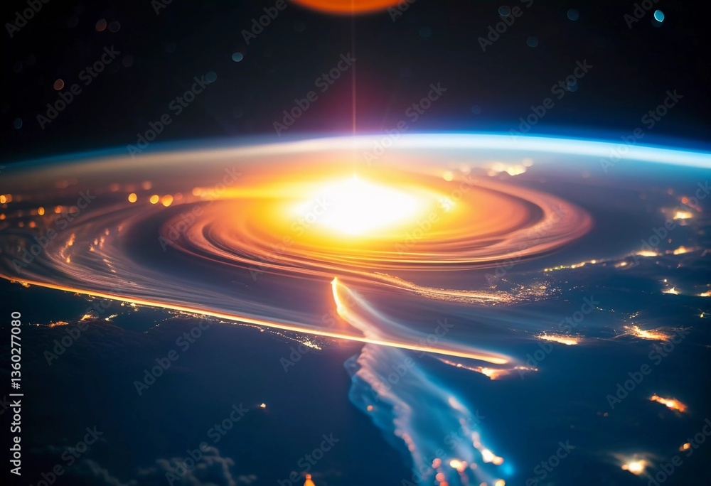 Poster a swirling burst of fiery light erupts from space, casting an ethereal glow on earth's surface. the 