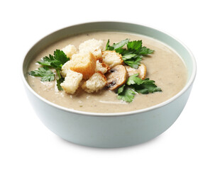 Delicious mushroom cream soup with croutons and parsley isolated on white