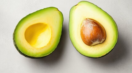 Fresh ripe avocado halves on light background with seed exposed