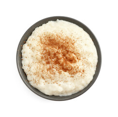 Delicious rice pudding with cinnamon isolated on white, top view