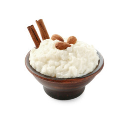 Delicious rice pudding with almonds and cinnamon sticks isolated on white