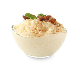 Delicious rice pudding with cinnamon, almonds and mint isolated on white