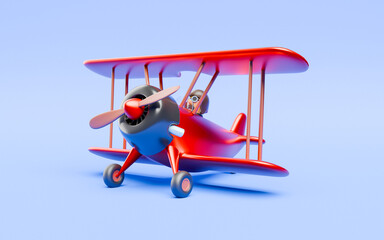 Red cute cartoon biplane standing on blue background