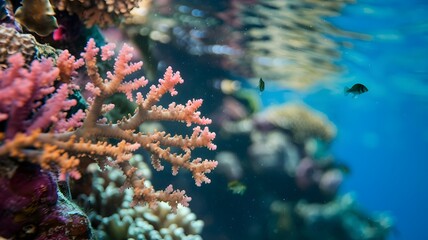 Coral reef underwater with pinkish-orange branching coral and small fish