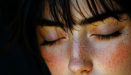 Fototapeta premium Closeup Portrait Of A Young Person With Freckles And Eyes Closed In Warm Lighting