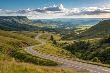 Scenic Winding Road Through Green Hills at Sunset Generative AI
