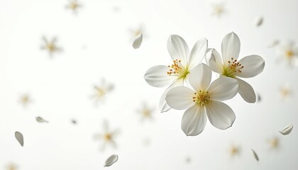 Jasmine flowers bloom in air against white background. Delicate white floral petals fall. Beautiful botanical artwork for spa, aromatherapy, beauty salons. Romantic spring season illustration, for