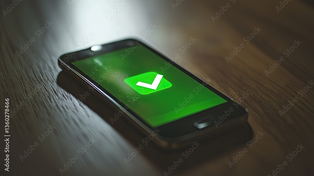 Poster a mobile banking app showing a completed payment with a verification checkmark, glowing in green.
