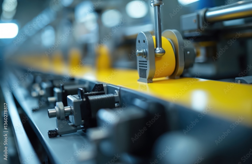 Poster fragment of automated sticking labeling machine. conveyor belt for packaging production in factory. 