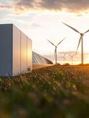 Renewable Energy Storage System at Sunset with Wind and Solar
