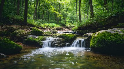 Fototapeta premium A small creek flows through a dense forest, its clear waters winding between moss-covered rocks, creating a peaceful and harmonious connection between earth and water