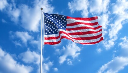 Obraz premium American Flag Waving Proudly Against a Bright Blue Sky with Clouds